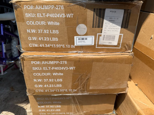 Carton labels showing SKU ELT-P4024V3-WT, white, 37.92 lbs net weight