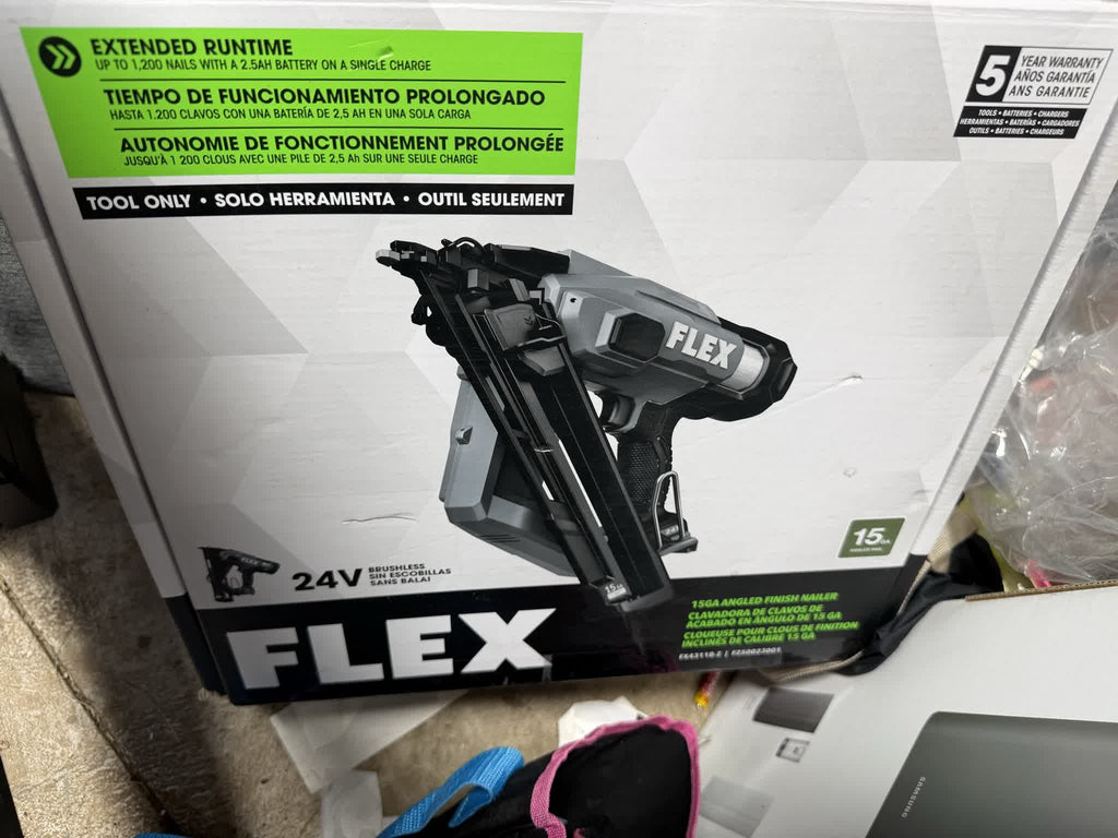 FLEX 24V 15-gauge angled finish nailer tool-only box showing handling scuffs and creasing