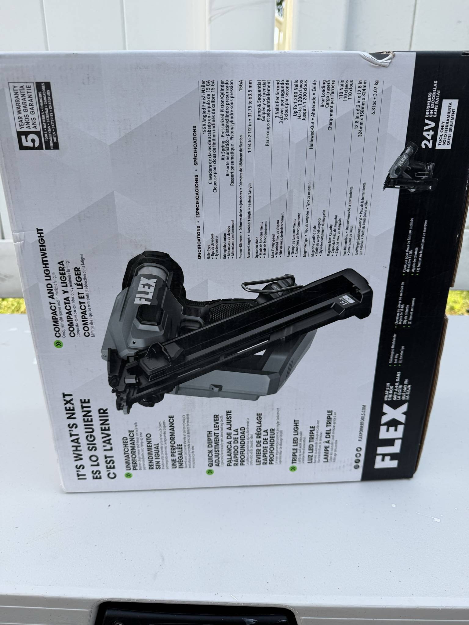 FLEX 24V finish nailer carton rear panel showing specifications and packaging wear