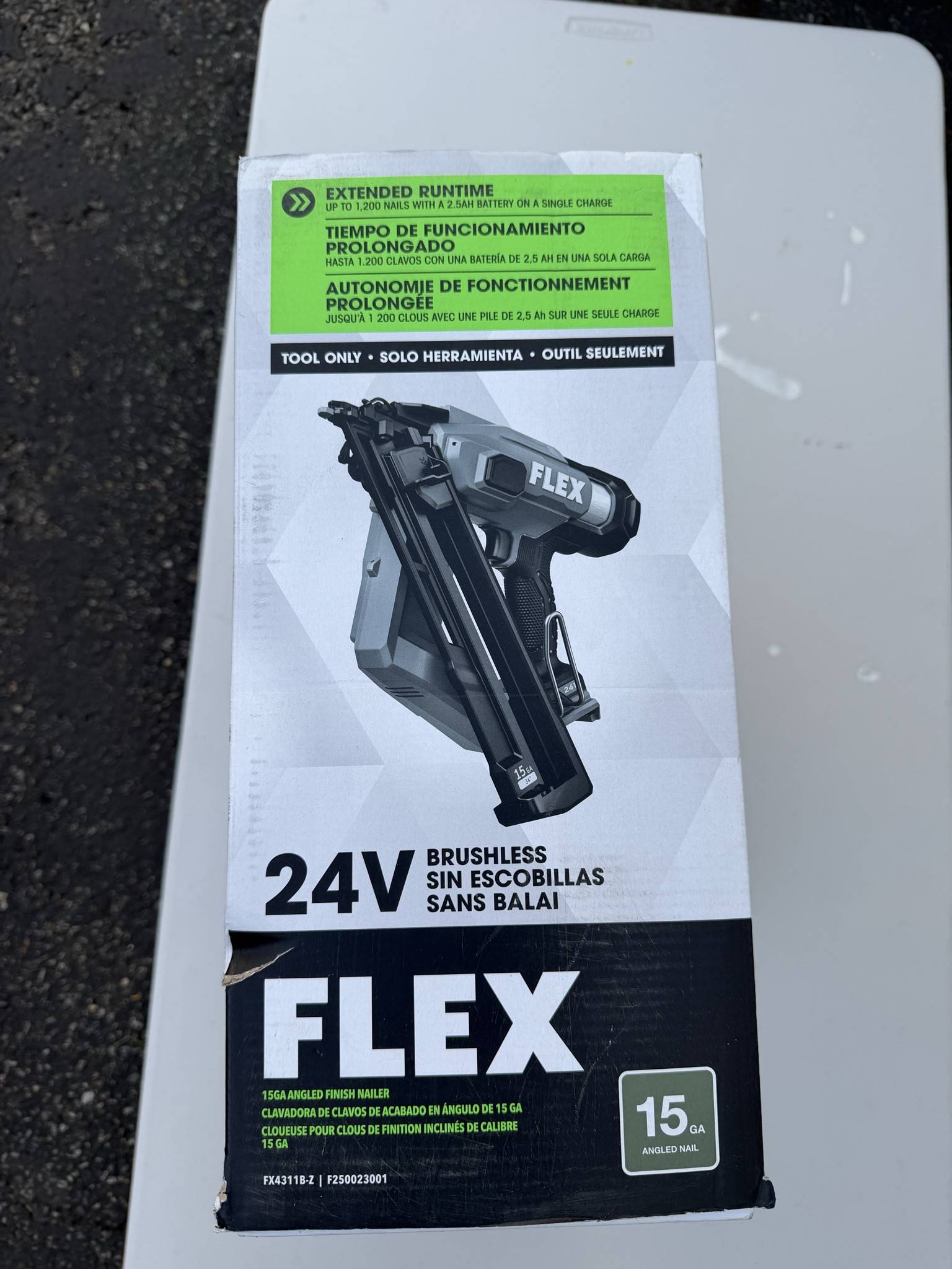 FLEX 24V finish nailer carton end panel showing tool-only labeling and corner wear