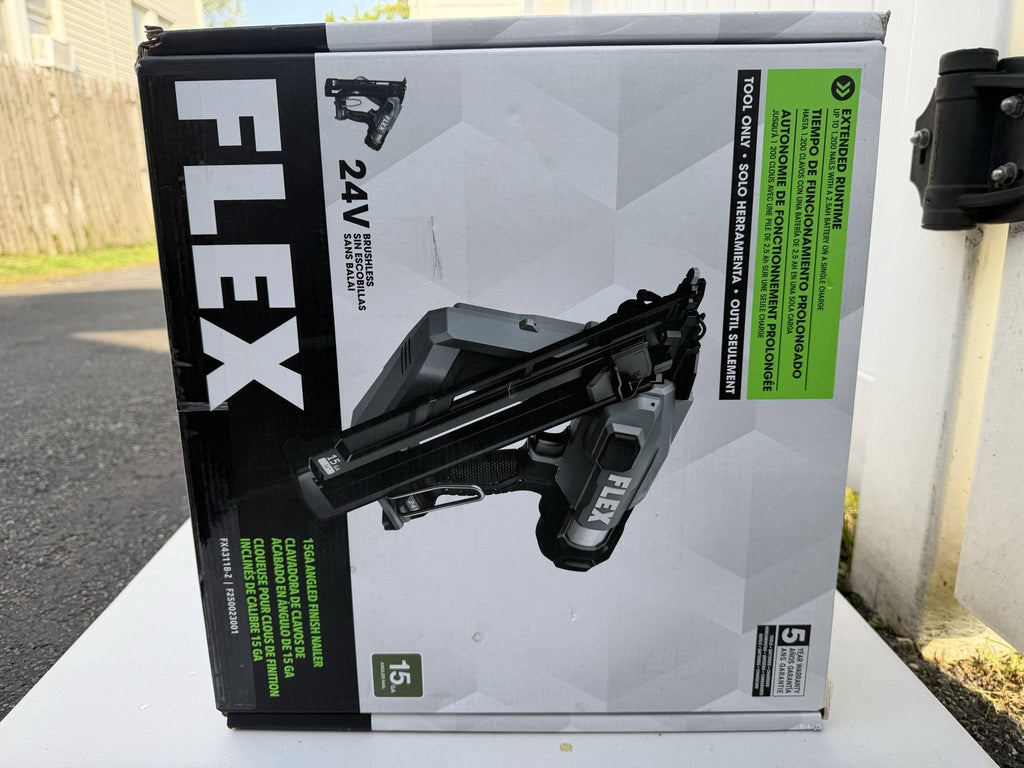 FLEX 24V finish nailer carton front alternate view showing the sealed packaging