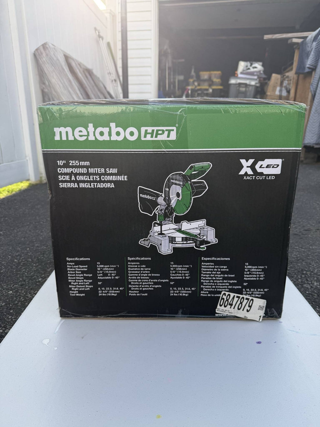 Metabo HPT C10FCG2 carton rear panel showing specifications, scuffs, and label wear