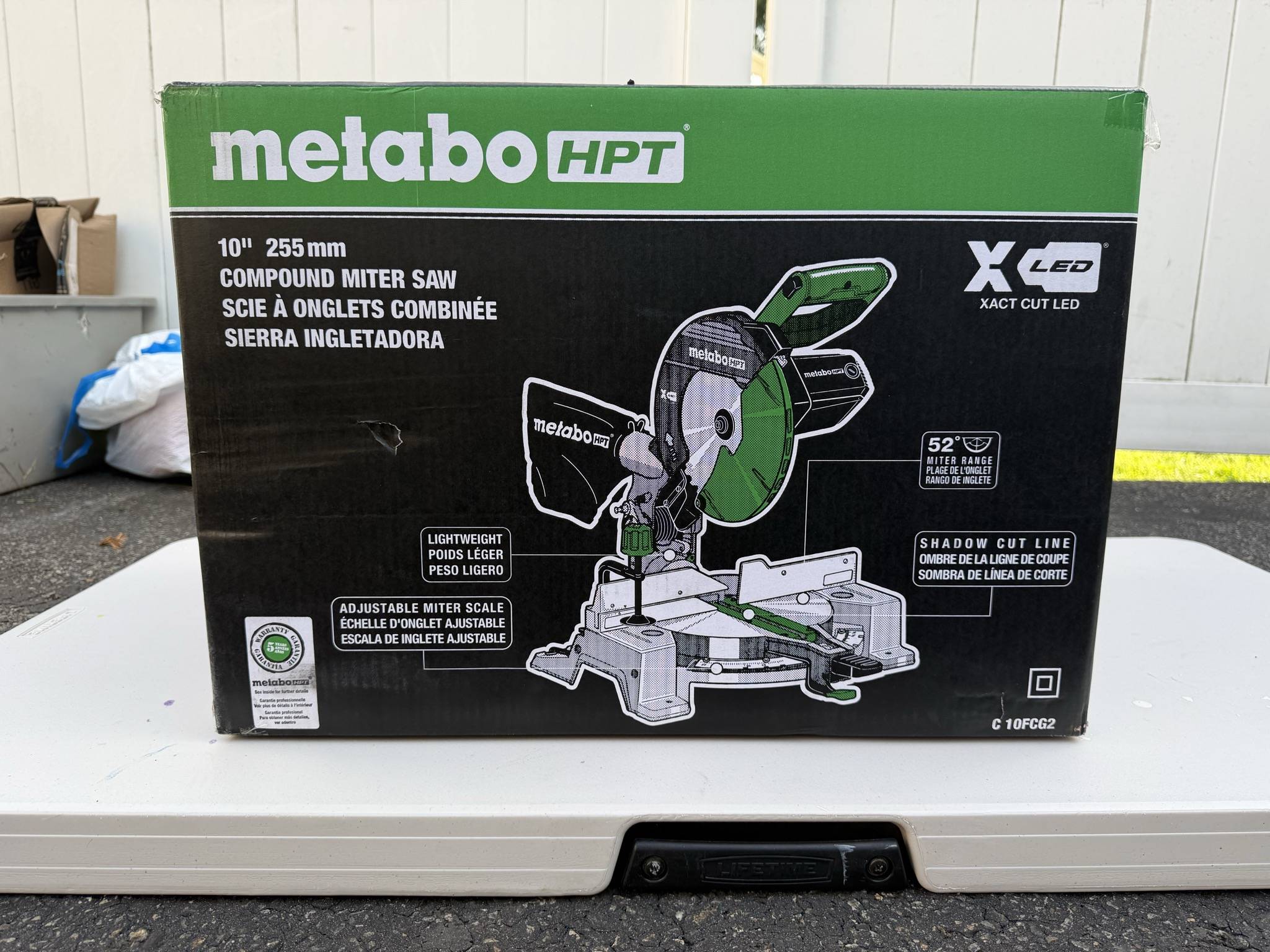 Metabo HPT C10FCG2 carton front showing the saw illustration and edge wear