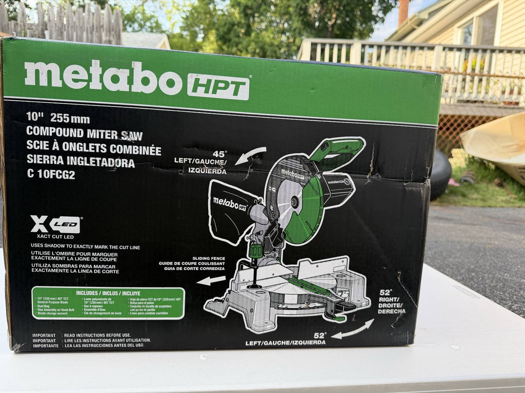 Metabo HPT C10FCG2 carton front close view showing creases and puncture damage
