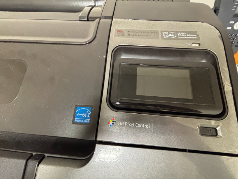 HP DesignJet Z6 control panel showing touchscreen, ENERGY STAR label, Adobe PostScript and HP Pixel Control branding