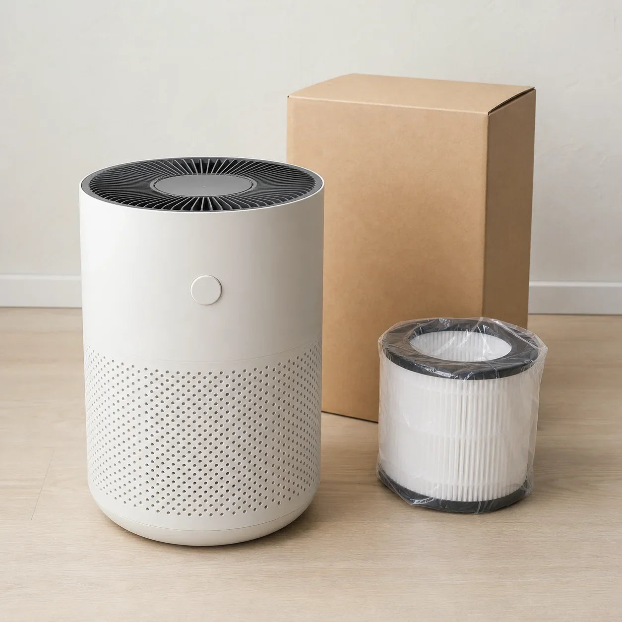 New compact warm-white air purifier with boxed replacement filter