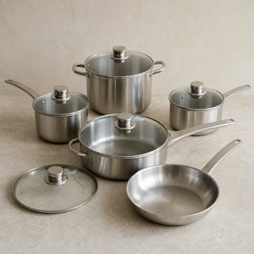 Pre-owned stainless-steel cookware set with matching lids