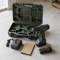 Open-box compact cordless drill kit with battery, charger, bits, and case