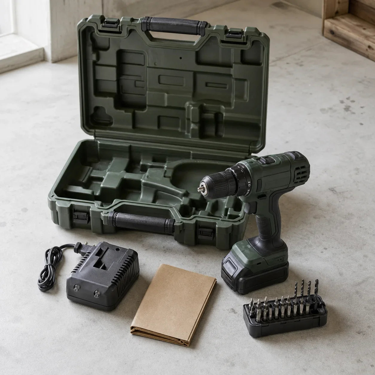 Open-box compact cordless drill kit with battery, charger, bits, and case
