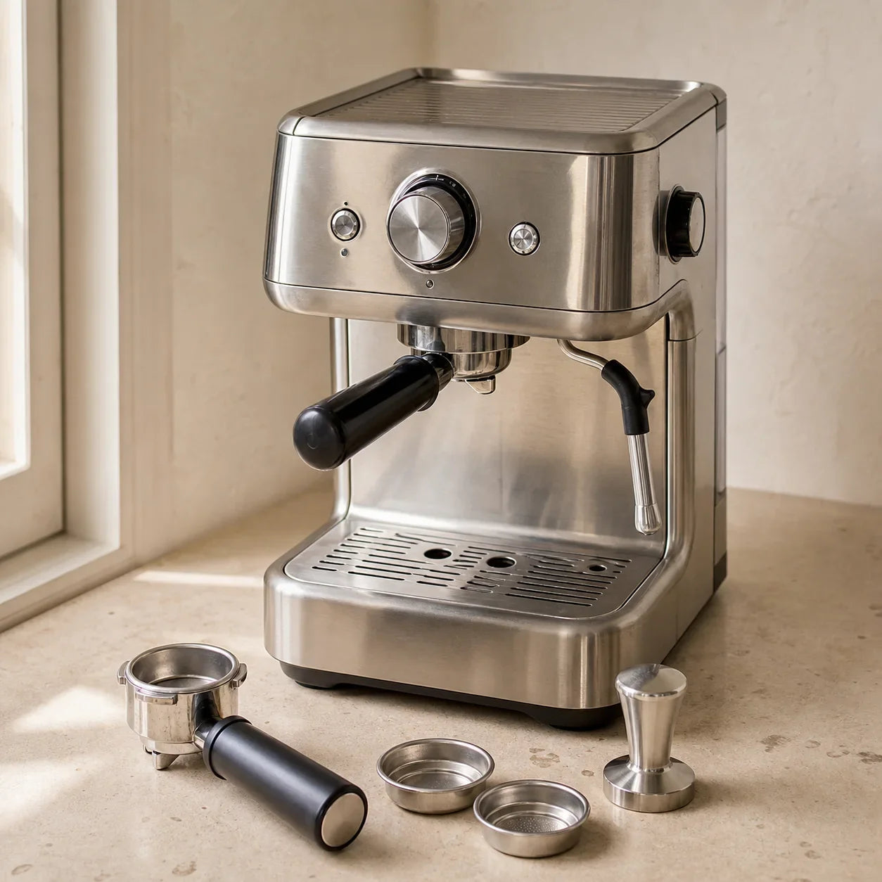 Pre-owned stainless compact espresso machine with portafilter, baskets, and tamper