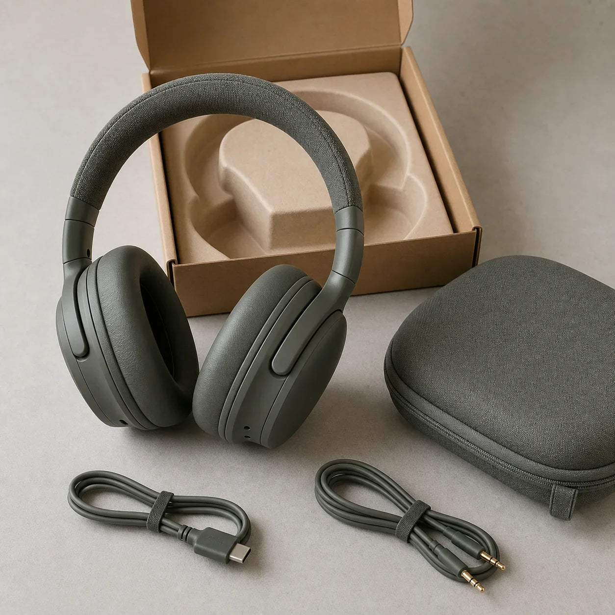 Open-box olive-gray noise-canceling headphones with case and cables