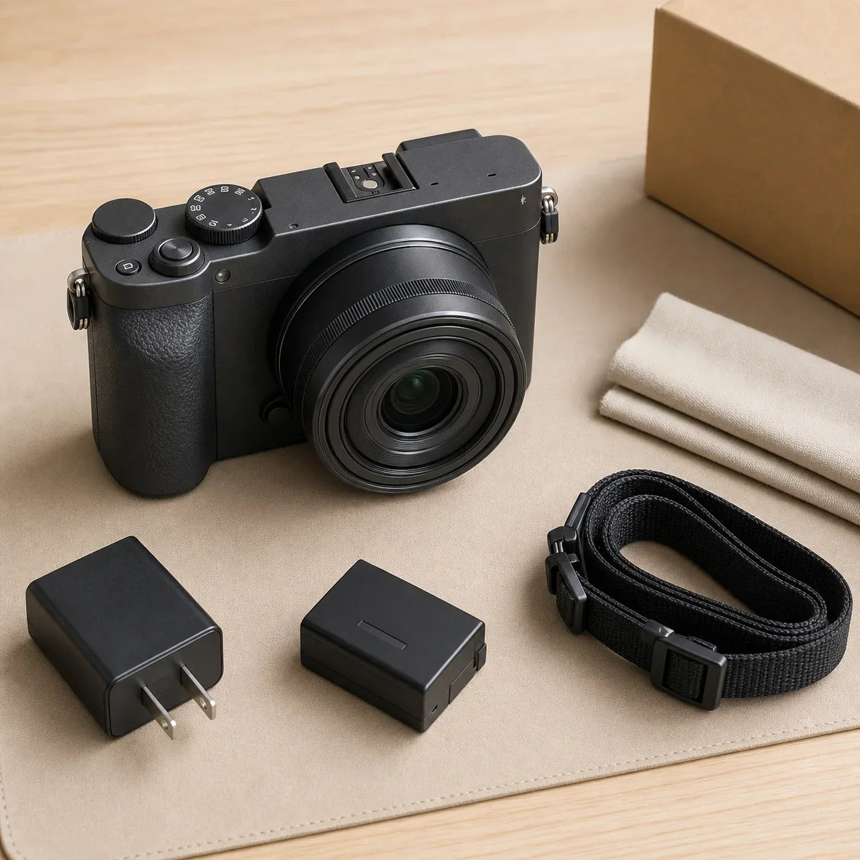 Pre-owned compact mirrorless camera with battery, charger, and strap
