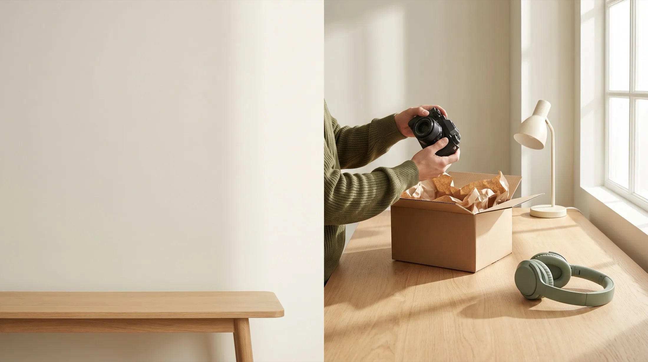A product specialist inspecting a compact camera at a sunlit inventory table